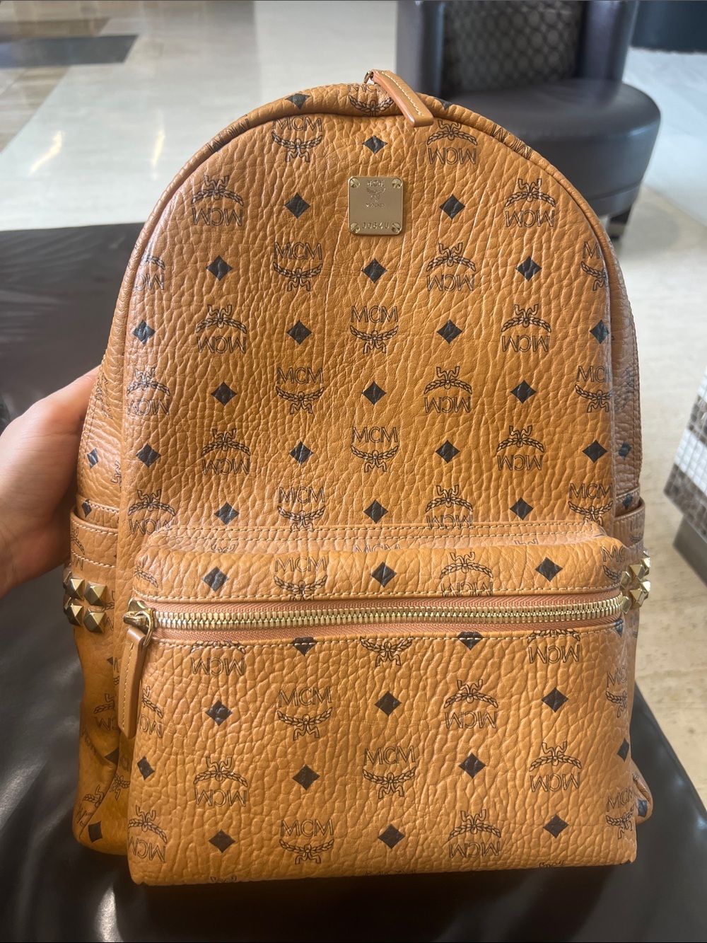 MCM Cognac Monogrammed Visetos Backpack with Gold Hardware